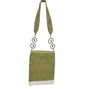 Lime Green Dragonfly Silk Brocade Bag with Beaded Fringe